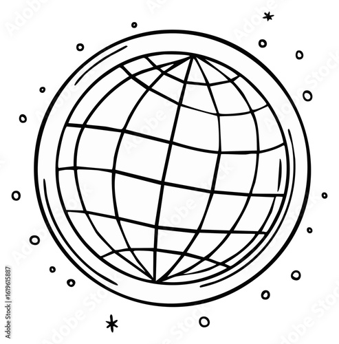 Stylized Globe Surrounded by Stars in a Hand Drawn Style World Map Graphic