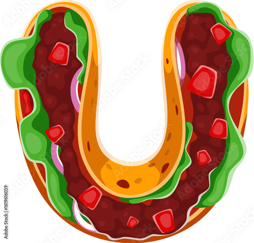 Day of the Dead font taco with ground beef letter U. Mexico ritual festival typeset vector letter, Dia de Los Muertos holiday type sign. Mexican Day of the Dead carnival latin font element or symbol