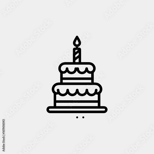 Twotiered cake with wavy frosting and a single lit candle on top line art.