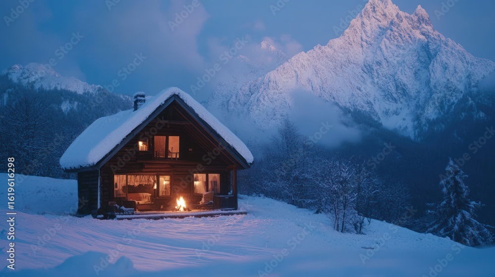 Fototapeta premium Cozy wooden chalet nestled in snowy mountains at twilight, warm fire glowing outside.