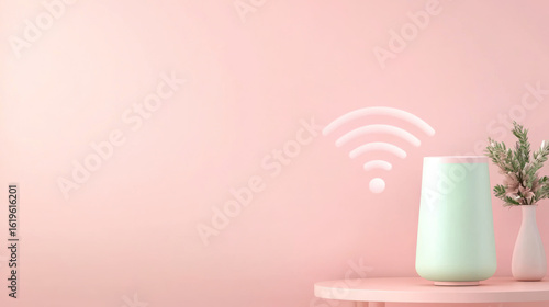 Smart speaker with Wi-Fi icon on pastel pink background