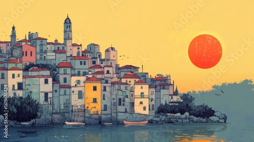 Coastal town at sunset with boats and large sun.