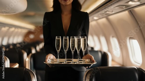 Elegant flight attendant serving champagne on a private jet for luxury travel