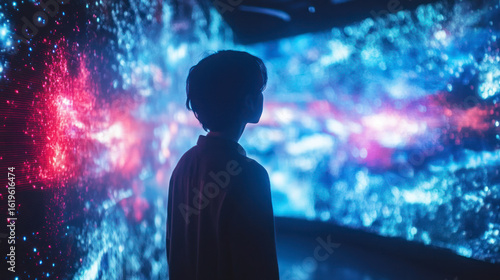 Silhouette of woman watching immersive digital light show