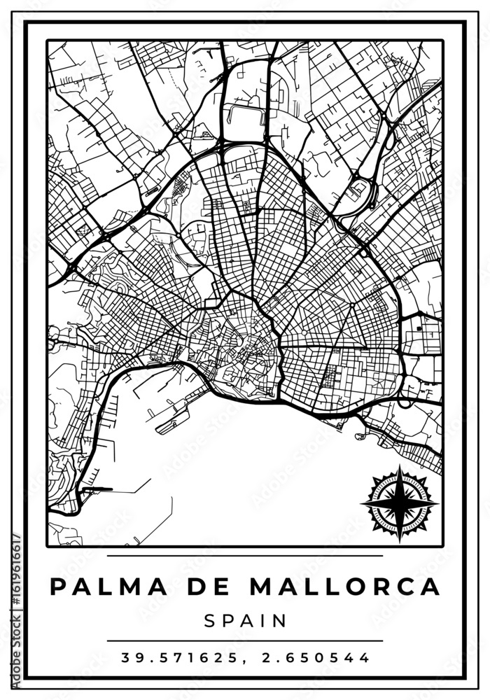 Obraz premium Downtown Street Maps of Palma de Mallorca City Spain, Black and White Modern Poster with Location Coordinate and Compass Position, Wall Art Home Decor Ready to Printable