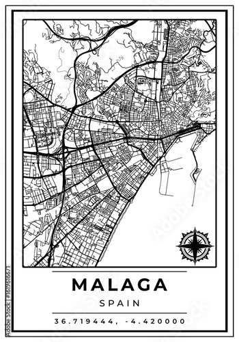 Downtown Street Maps of Malaga City Spain, Black and White Modern Poster with Location Coordinate and Compass Position, Wall Art Home Decor Ready to Printable