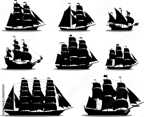 Pirate ships vector silhouettes of vintage sailboats and sailships with black sails, flags and masts. Medieval pirate corsair battle ships, marine robber old caravel, galleon, brigantine and barque
