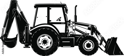 Backhoe loader construction vehicle silhouette with front bucket and rear excavator arm, CAD-style black and white heavy equipment vector