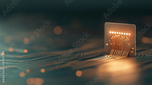 Futuristic glowing microchip on dark circuit board