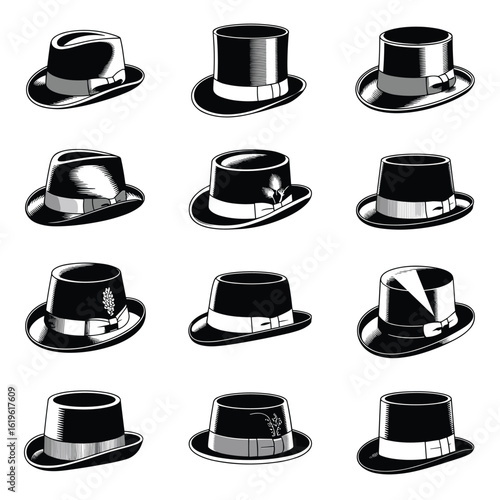 Classic Hat Collection in Black and White Illustration