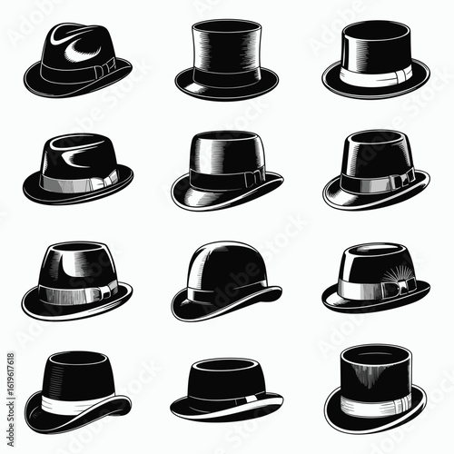 Classic Hat Collection in Black and White Illustration