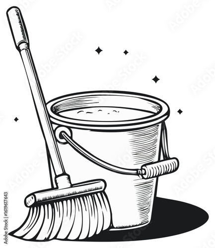 Vintage cleaning tools illustration, bucket, mop, and brush