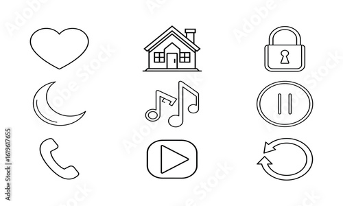 heart,home,lock,moon,music,pause,phone,play,forward refresh out line art on vector illustration.