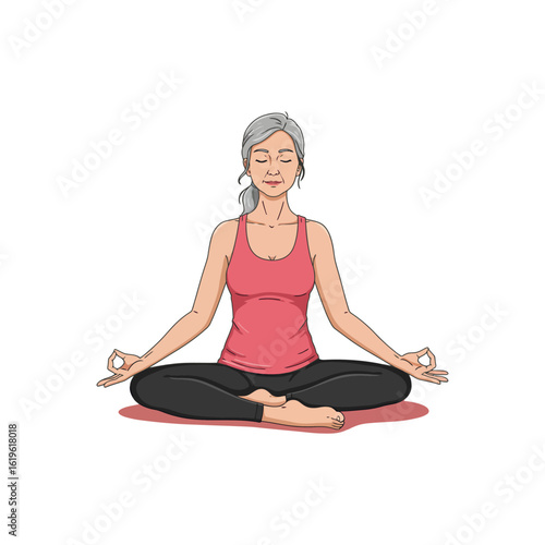 Senior woman meditating in lotus position doing mindful yoga
