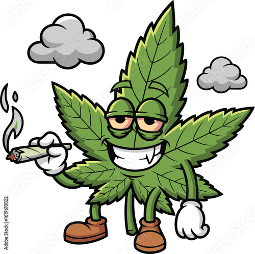 Funny cannabis leaf cartoon with joint, smiling weed mascot character, green marijuana illustration, CAD vector drawing, stoner culture vibe