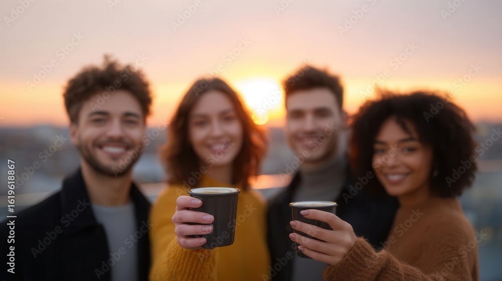 Fototapeta premium Golden Hour Coffee: Four smiling individuals enjoy a serene moment of unity as they toast with coffee cups at the tranquil sunset, creating a warm and inviting atmosphere.