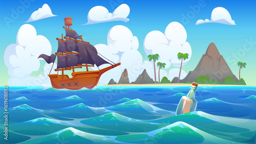 Cartoon glass bottle with pirate treasure map and corsair ship in sea waves vector background. Rolled paper with pirate message or treasure map floating in tropical sea water near inhabited island