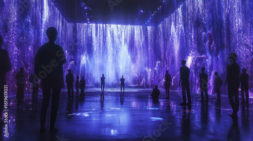 People silhouetted against giant colorful digital waterfall