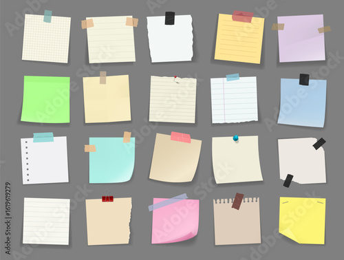 Memo note paper sheets with clips and adhesive tape, stickers, sticky notepad and memory notice blanks. Vector to do list or message notepaper, meeting reminder, office information board bulletin set