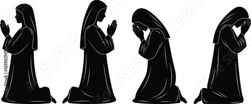 Cad drawing flat vector illustration, four praying person silhouettes, religious worship posture icons, kneeling robe figure, spiritual artwork design graphic