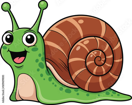 Happy cartoon snail character with brown spiral shell, green spotted body, big eyes, smiling mouth, vector CAD drawing illustration