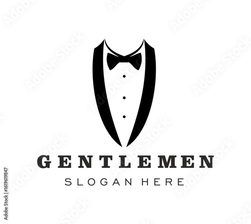 Tuxedo suit icon with gentleman bow tie or necktie silhouette for man clothes tailor, vector emblem. Tuxedo suit icon for gentlemen boutique or wedding clothing atelier and men club premium sign