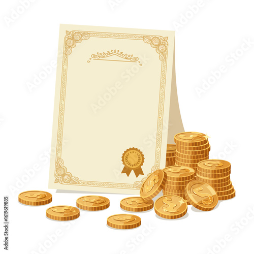 Award certificate with gold coins for scholarships grants and educational achievement