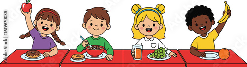 Children choosing healthy and unhealthy food options at table, comparing fruits, donuts, cereal, cookie, cad drawing flat illustration