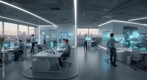 A futuristic office scene with people working on computers illuminated by ambient light and digital displays