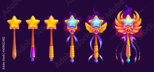 Magic wand progress game rank badge, level stage awards, medals and winner trophies. Vector game UI rank badges set of cartoon gold and wood magic wands with golden stars, wings, gems and ribbons