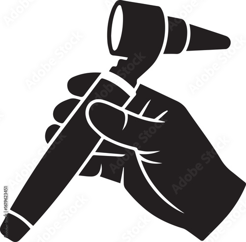 Black silhouette of a hand holding an otoscope medical instrument