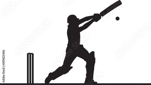 Black silhouette of a cricket player hitting a ball batsman wicket