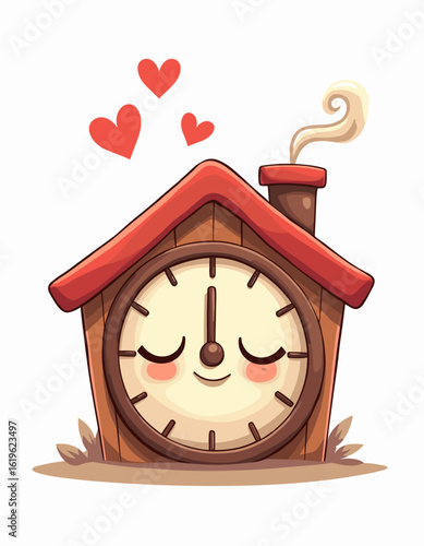 Cozy cartoon clock house with hearts