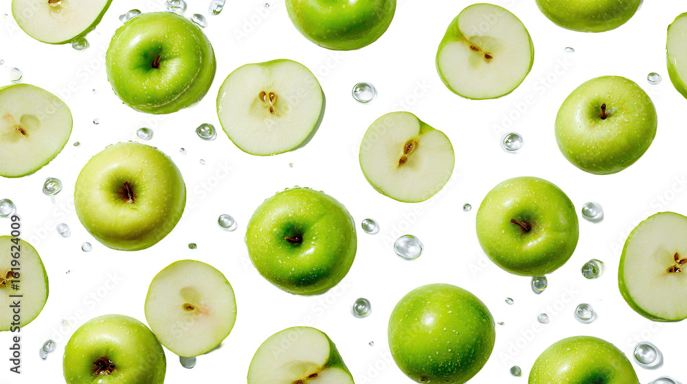Obraz premium Green apple with water splash on transparent background