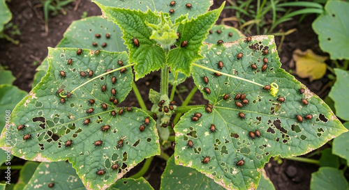 Heavy infestation of leaf beetles destroying a young green plant in a vegetable garden