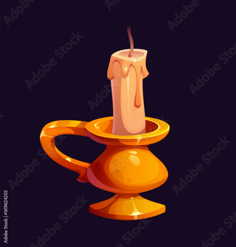 Cartoon pirate icon of candle in candlestick cup as lantern lamp, vector symbol. Candle in golden cup candleholder with melted wax drops and wick for pirates or Caribbean corsair torch light