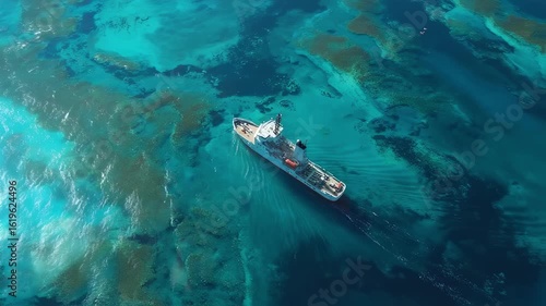 Wallpaper Mural Aerial view of a research vessel navigating through shallow, vibrant turquoise waters dotted with coral reefs, creating a captivating scene of ocean exploration and scientific endeavor Torontodigital.ca