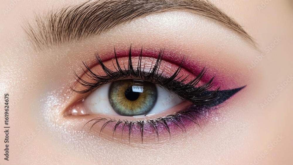 Obraz premium Lash Tech. Close-up green eye with long lashes and purple-pink eyeshad