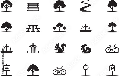 Park elements trees bench river squirrels fountain bicycle signs
