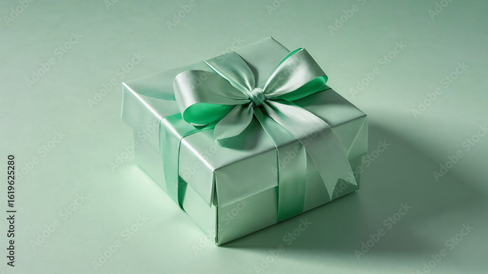 Fototapeta premium Pastel green gift with silk ribbon casting shadow