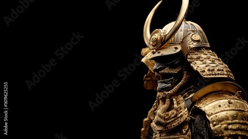 Golden samurai armor with mask and helmet on black background, dramatic lighting.