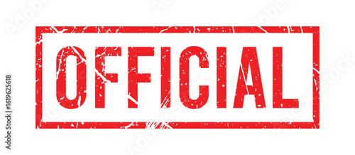 Official stamp in red grunge halftone style, bold vector label for certified approval mark