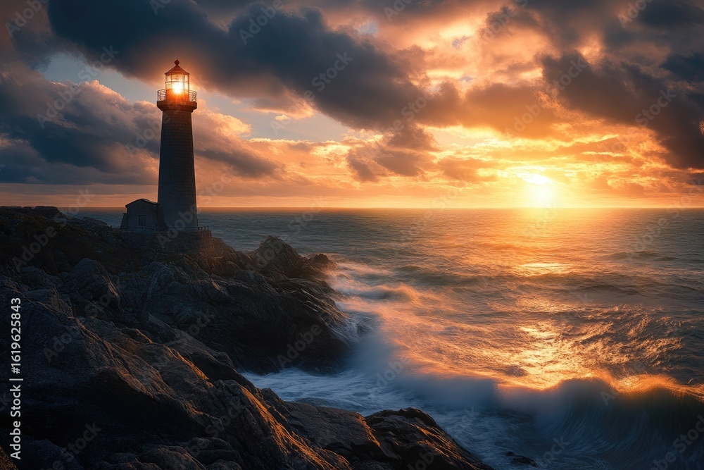Fototapeta premium Dramatic lighthouse at sunset over a stormy sea