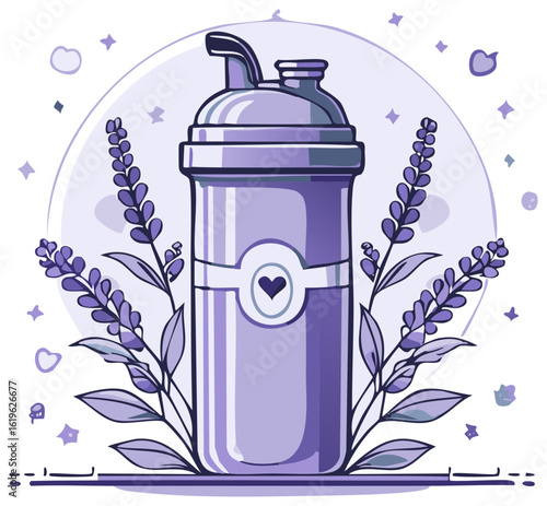 Purple protein shaker bottle with a heart symbol and lavender flowers. A cute vector illustration for health and fitness.