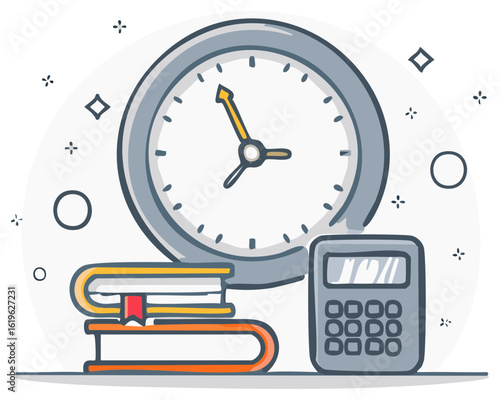 Clock with Books and Calculator Symbolizing Time Management in Education or Financial Planning