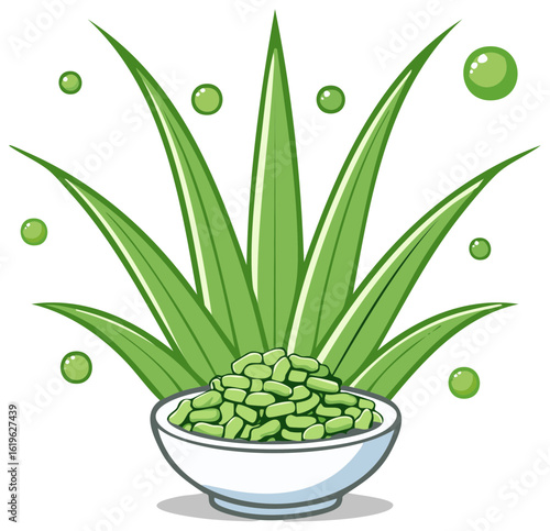 Bowl of green plant extract with aloe vera leaves and liquid droplets