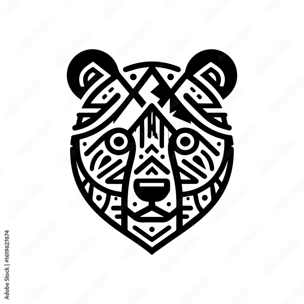 Fototapeta premium Minimalist tribal bear head mask with mountain