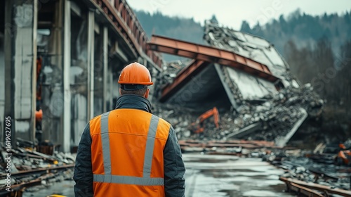 A construction worker surveys a collapsed structure, highlighting the impact of structural failure and safety in construction sites.