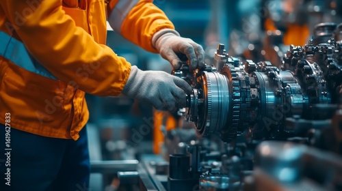A worker in an orange jacket repairs machinery in an industrial setting, showcasing precision and technical expertise in mechanical assembly.