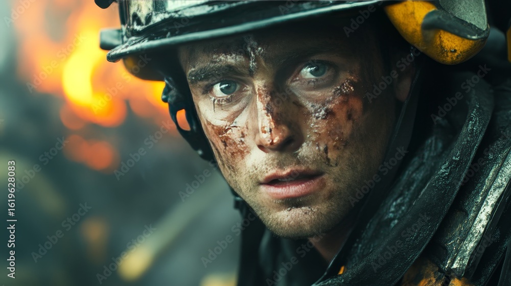 Fototapeta premium A close-up of a firefighter with a determined expression, covered in soot, amidst a fiery backdrop, showcasing bravery and resilience in the face of danger.